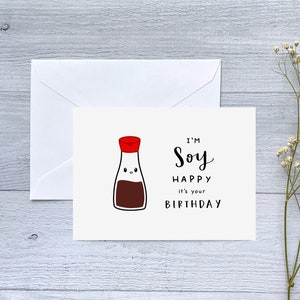 CARD SET | Soy Happy It&#39;s Your Birthday Greeting Card | Folded Blank Card for Birthday | Asian Food Puns | 6 Cards & Envelopes
