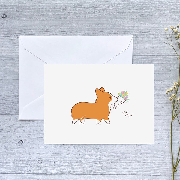 Corgi with Flower Bouquet Greeting Card | Folded Blank Card for Birthday, Anniversary, Valentine's Day, Sibling Love