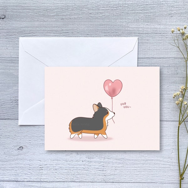 Balloon Heart Tricolor Corgi Greeting Card | Folded Blank Card for Birthday, Anniversary, Valentine's Day, Friendship | For Dog Lovers