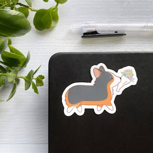Tricolor Corgi with Bouquet Vinyl Sticker | Decal for Laptop, Water Bottle, Phone Case, Hydroflask | For Corgi Lovers | Waterproof Sticker
