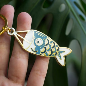 Blue Koinobori Metal Keychain | Metal Hard Enamel Keychain | Accessory for Keyring, Purse, Backpack