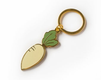 Daikon Radish Metal Keychain | Asian Food Gold Hard Enamel Keychain | Accessory for Keyring, Purse, Backpack