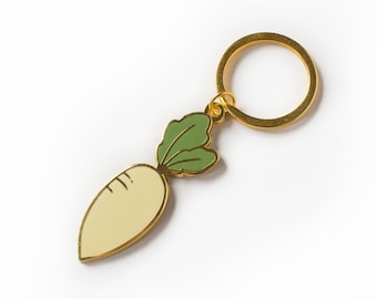 Daikon Radish Metal Keychain | Asian Food Gold Hard Enamel Keychain | Accessory for Keyring, Purse, Backpack