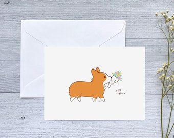 CARD SET | Corgi with Flower Bouquet Greeting Card | Folded Blank Card for Birthday, Anniversary, Valentine's Day, Sibling Love | 6 Cards