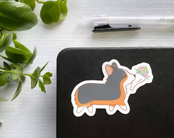 Tricolor Corgi with Bouquet Vinyl Sticker | Decal for Laptop, Water Bottle, Phone Case, Hydroflask | For Corgi Lovers | Waterproof Sticker