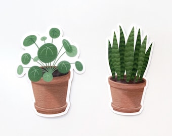 Potted Plant Vinyl Sticker | Pilea & Sansevieria | Die Cut Sticker Decal for Laptop, Water Bottle, Phone Case | Handpainted Sticker