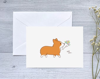 Corgi with Flower Bouquet Greeting Card | Folded Blank Card for Birthday, Anniversary, Valentine's Day, Sibling Love