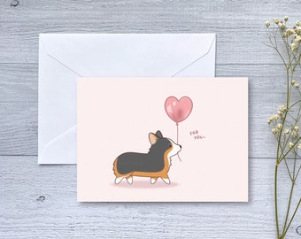 Balloon Heart Tricolor Corgi Greeting Card | Folded Blank Card for Birthday, Anniversary, Valentine's Day, Friendship | For Dog Lovers