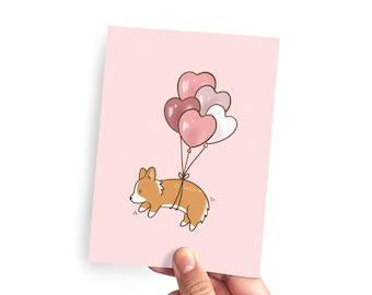 Flying Heart Balloons Corgi Greeting Card | Folded Blank Card for Birthday, Anniversary, Valentine's Day, Friendship | For Dog Lovers