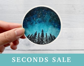 Seconds Sale | Starry Night Forest Vinyl Sticker | Circle Sticker Decal for Laptop, Water Bottle, Phone Case | Handpainted with Watercolor