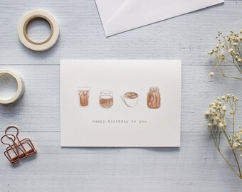 Coffee & Tea Happy Birthday Greeting Card | Folded Blank Card for Birthday | Hand Painted with Watercolors