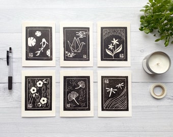 Evening Sky Block Printed Mixed Greeting Card Set | 6 Cards & Envelopes | Linocut Block Printed Designs
