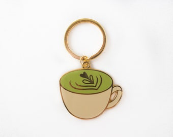 Matcha Latte Metal Keychain | Metal Hard Enamel Keychain | Accessory for Keyring, Purse, Backpack