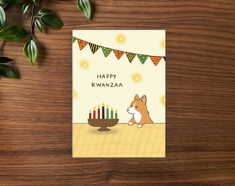 Happy Kwanzaa Corgi Greeting Card | Folded Blank Card