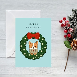 CARD SET | Corgi Christmas Wreath Greeting Card | Folded Blank Card for Christmas and Holidays | 6 Cards &Envelopes