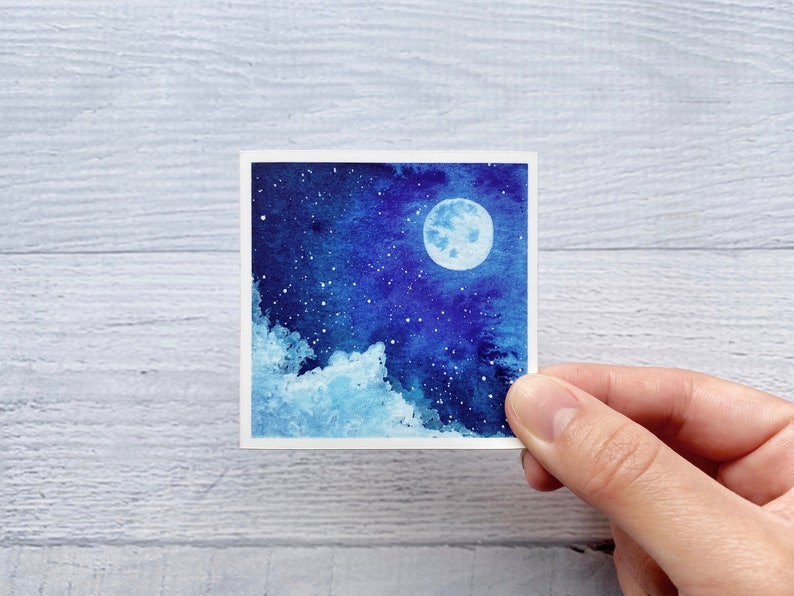 Moon & Clouds Night Sky Vinyl Sticker Square Sticker Decal for Laptop, Water Bottle, Phone Case Handpainted Watercolor Sticker image 1