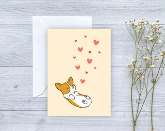 Rolling Corgi Pink Hearts Greeting Card | Folded Blank Card for Birthday, Anniversary, Valentine's Day, Long Distance, Friendship
