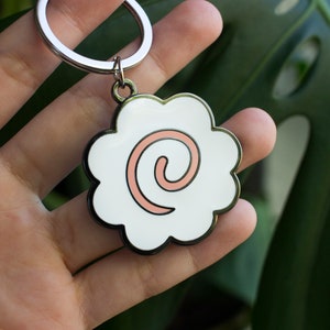 May include: A white metal keychain shaped like a Japanese kamaboko fish cake with a pink spiral design.