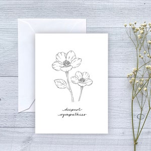 Carte de vœux floral minimaliste | Carte vierge pliée | Art botanique floral | | noir et blanc Carte de condoléances