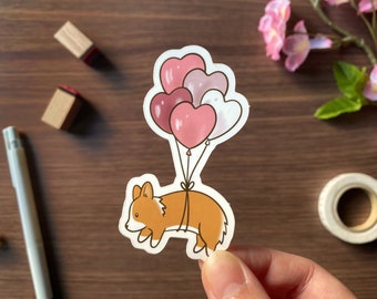 Flying Heart Balloons Corgi Vinyl Sticker | Decal for Laptop, Journal, Water Bottle, Phone Case, Hydroflask