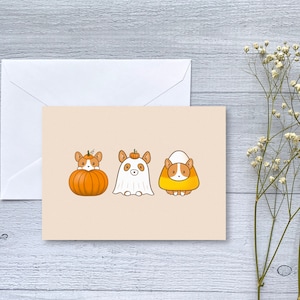 Halloween Corgis Trio Grußkarte | Klappkarte | Herbstsaison Halloween | Süße Haustierkostüme | Alle Occassion Karte