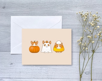 Halloween Corgi Trio Greeting Card | Folded Blank Card | Fall Season Halloween | Cute Pet Costumes | All Occassion Card