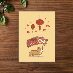 Lunar New Year Dragon Corgi Greeting Card | Folded Blank Christmas Card