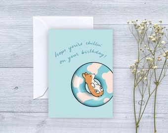 Birthday Floatie Corgi Greeting Card | Folded Blank Card | Hope You’re Chillin’ On Your Birthday | Summer Birthdays
