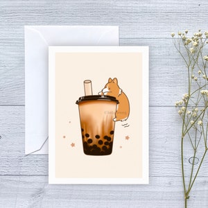 Bubble Tea Boba Corgi Wenskaart | Gevouwen lege kaart voor verjaardag, verjaardag, Valentijnsdag, vriendschap, alle gelegenheid