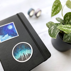 Moon & Clouds Night Sky Vinyl Sticker Square Sticker Decal for Laptop, Water Bottle, Phone Case Handpainted Watercolor Sticker image 3