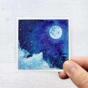 Moon & Clouds Night Sky Vinyl Sticker Square Sticker Decal for Laptop, Water Bottle, Phone Case Handpainted Watercolor Sticker image 4