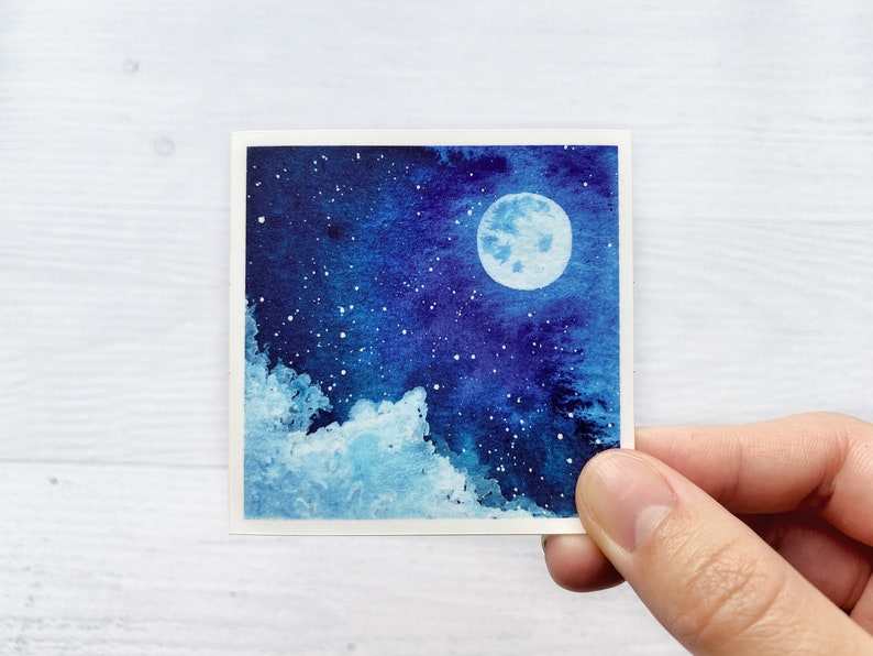 Moon & Clouds Night Sky Vinyl Sticker Square Sticker Decal for Laptop, Water Bottle, Phone Case Handpainted Watercolor Sticker image 4