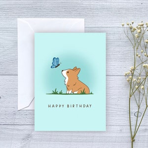 Tarjeta de felicitación de cumpleaños corgi Butterfly / Tarjeta en blanco doblada / Feliz cumpleaños / Para los amantes de los perros
