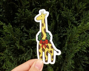Giraffe Christmas Wreath Vinyl Sticker | Decal for Laptop, Water Bottle, Phone Case, Journal, Hydroflask | Waterproof Sticker