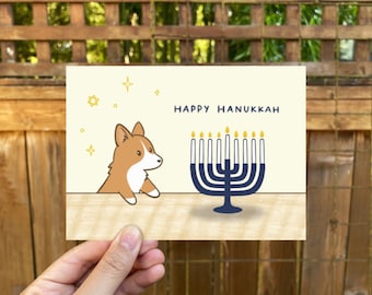 Happy Hanukkah Corgi Greeting Card | Folded Blank Card