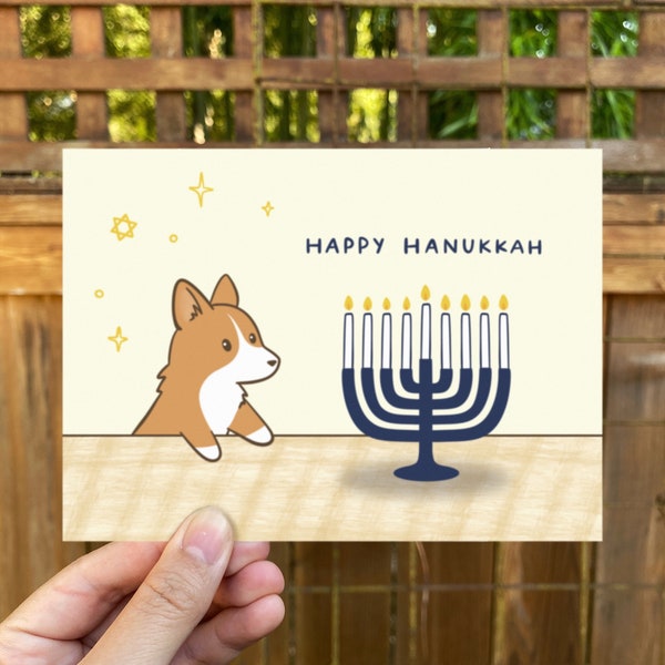 Happy Hanukkah Corgi Greeting Card | Folded Blank Card