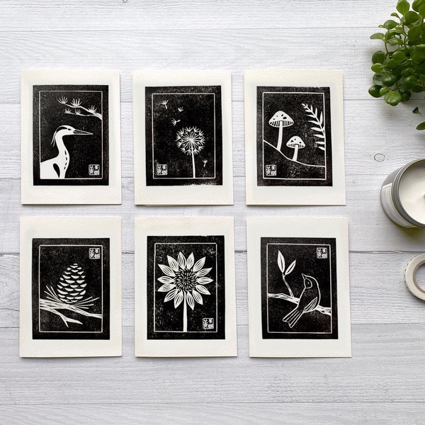 Sunrise Stroll Block Printed Greeting Card Set | 6 Cards & Envelopes | Linocut Block Printed Designs