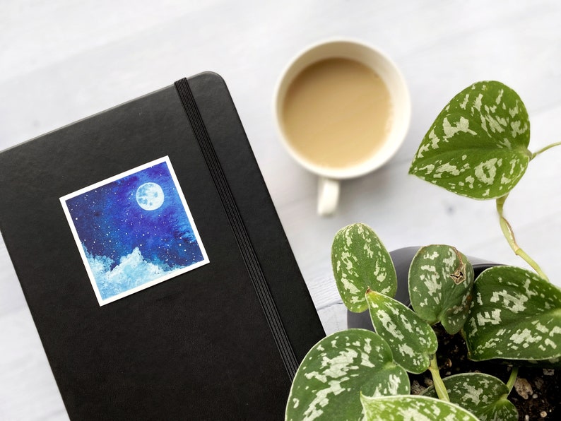 Moon & Clouds Night Sky Vinyl Sticker Square Sticker Decal for Laptop, Water Bottle, Phone Case Handpainted Watercolor Sticker image 2