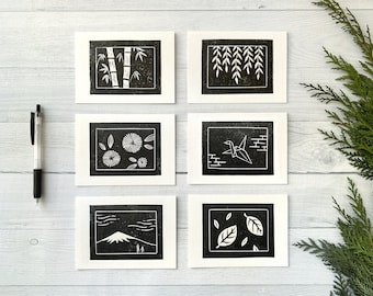 Morning Calm Block Printed Mixed Greeting Card Set | 6 Cards & Envelopes | Linocut Block Printed Designs