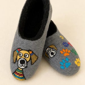 Felted Wool Slippers with dog design, Natural Leather Sole House Shoes
