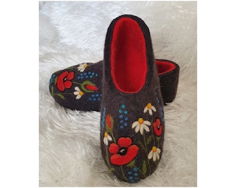 Ecofriendly natural Felted Slippers with red anemone,house shoes