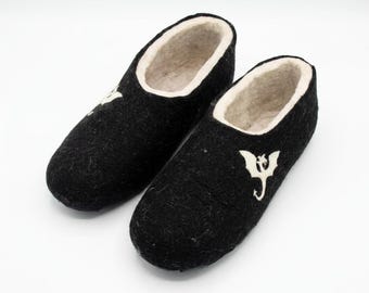 Felt Slippers with Dragon: Ecofriendly Wool House Shoes, Leather Sole