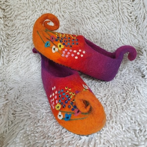 Ecofriendly natural Elf Felted Slippers with flowers,fairy house shoes with leather sole