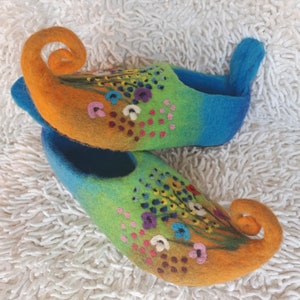 Woolen Felted elf Slippers with flowers,fairy house shoes with leather sole