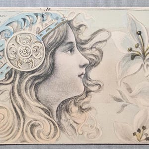 Art Nouveau Antique Postcard Undivided 1900s Original ~ Victorian, Woman & Lilies, Glamour, Red French 10 cent Stamp, Artist Signed Patella