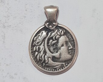 Alexander the Great Vintage Charm, Silver Tone Metal Small Pendant, Replica Coin Jewellery