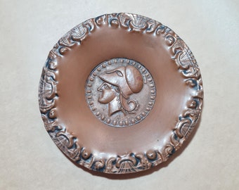 Vintage Athena Goddess Copper Wall Plate, Metal Greek Mythology Plaque, Minerva Wall Art 6.5"