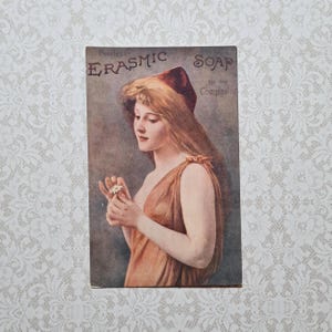 Publicité de savon c des années 1910 carte postale ancienne originale ~ femme Lady victorienne glamour mode Art carte postale Peerless Arasmic publicité