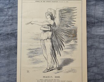 1889 Angel Antique Print, Original, Book Plate ~ Alfred Lord Tennyson, Peace, Verse, Quote, Literature, War, Tenniel, Punch Cartoon [SALE]