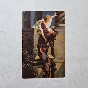 Romantic Antique Postcard 1910s Original ~ Romeo and Juliet ~ Balcony Scene Shakespeare German Post Card Stengel Artist Signed Hans Makart